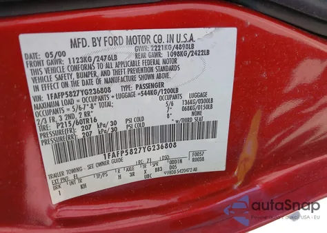 2000 Ford Taurus Se из США, поврежденный, VIN 1FAFP5827YG236808